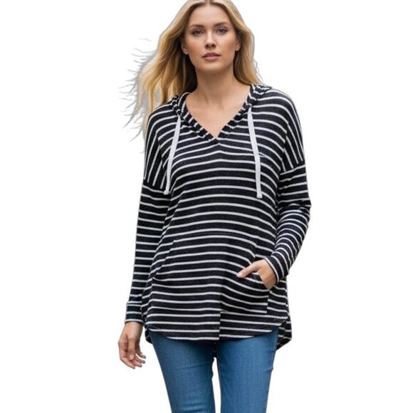 Market & Spruce Women's Kallon Brushed Knit Hoodie Sweater S Striped Black White - Picture 1 of 8